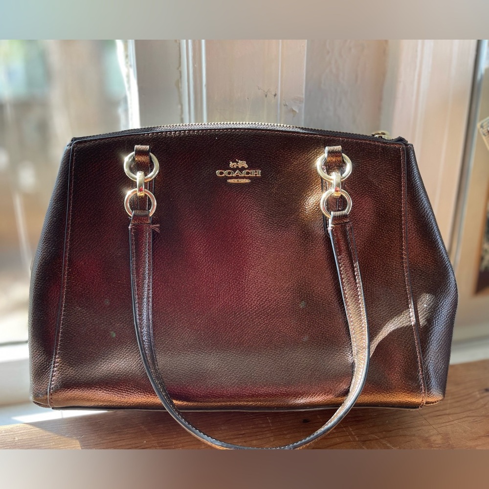 Coach New York Metallic Brown Crossgrain Leather Shoulder Bag with Handles